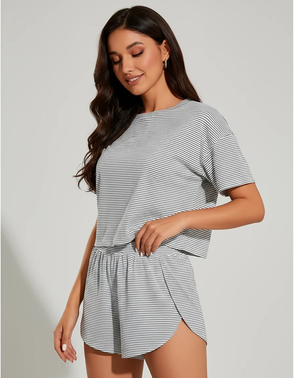 Two-piece striped loungewear set in black and white, short-sleeve tee with drawstring shorts